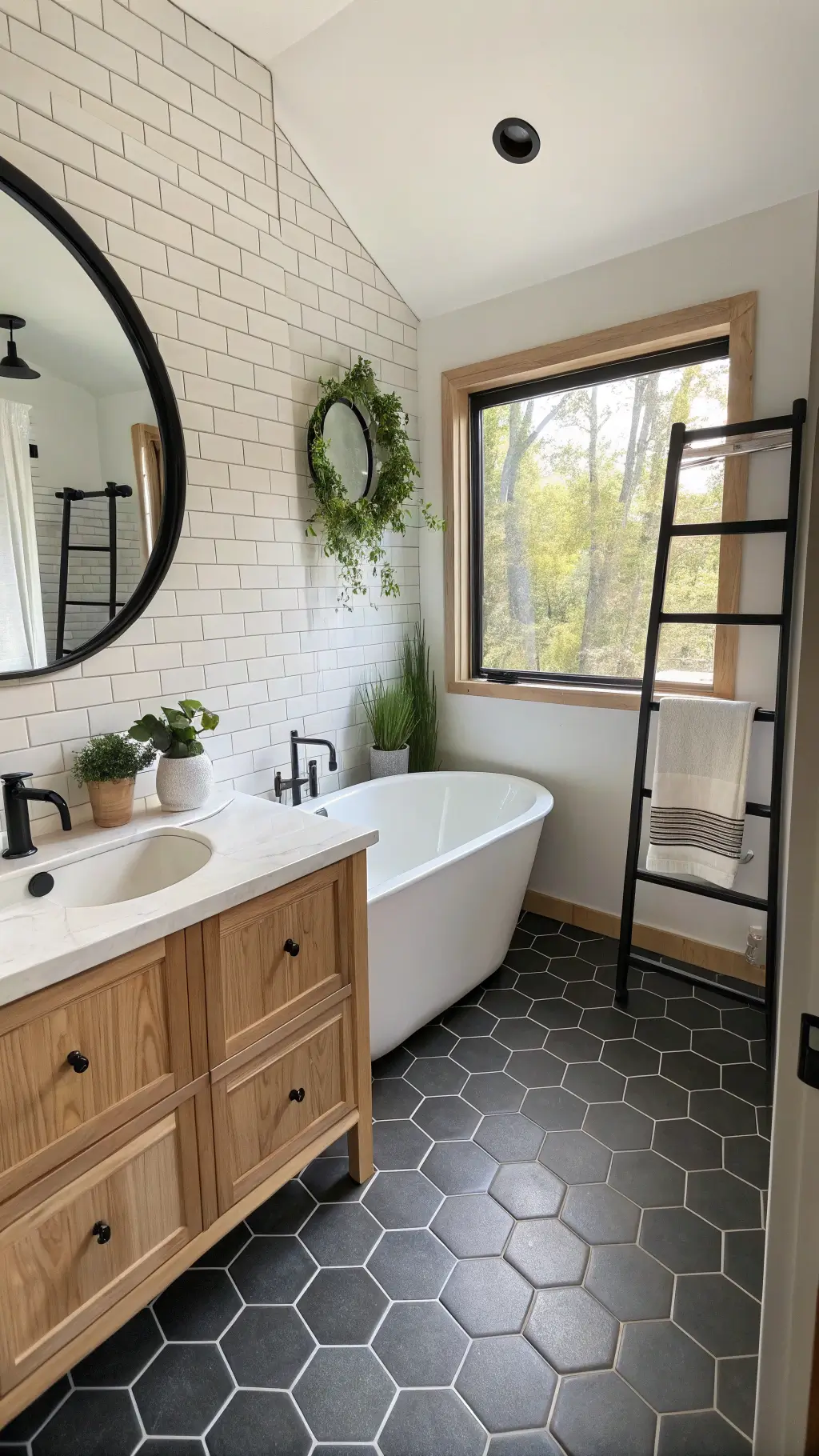 Scandinavian-inspired bathroom with white penny tiles, blonde wood vanity, black fixtures, round window, oak ladder shelf, and grey linens.