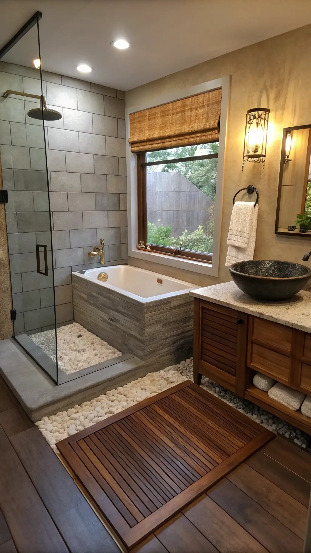 Cozy spa-inspired bathroom with compact Japanese soaking tub, teak shower floor mat, floor-to-ceiling gray porcelain tiles, bamboo Roman shade, wall-mounted gold faucet, stone vessel sink on dark walnut vanity, and mood lighting.