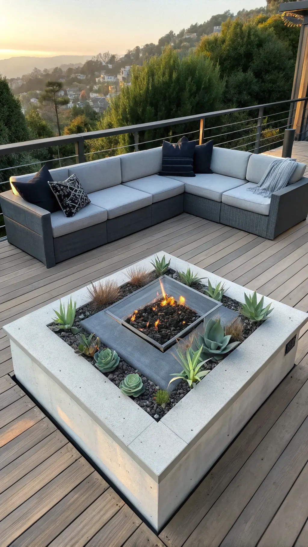 Modern concrete and black metal firepit on cedar deck with minimalist grey furniture and succulents in sleek planters