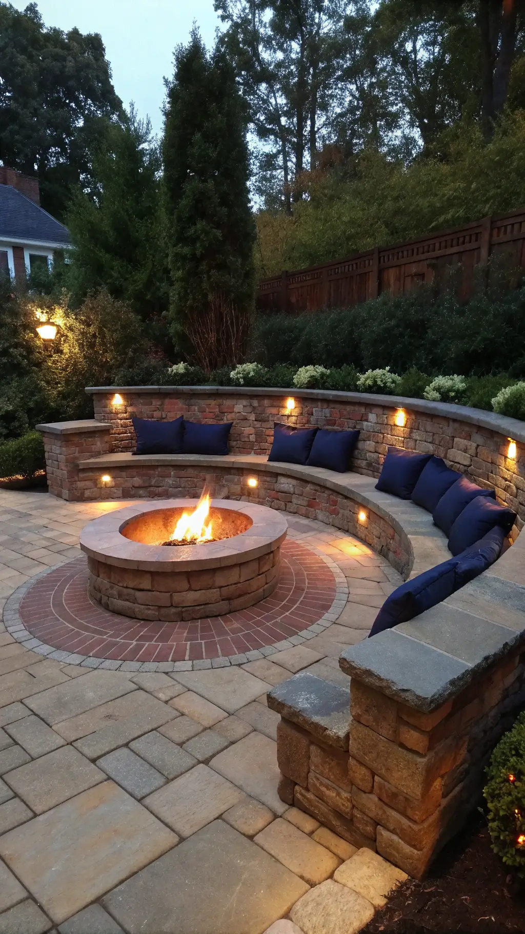 Sunken brick firepit area with curved stone benches, navy cushions, copper fire bowl, and Moroccan lanterns at dusk