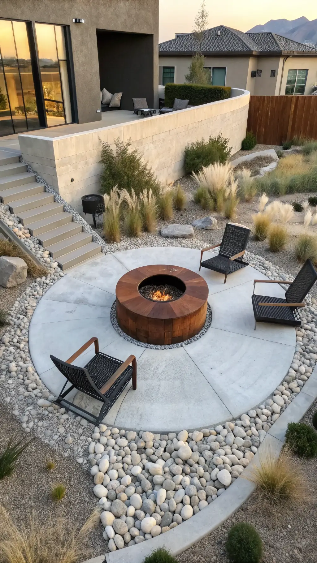 Aerial view of circular corten steel firepit in desert-style front yard with black chairs and white river rocks