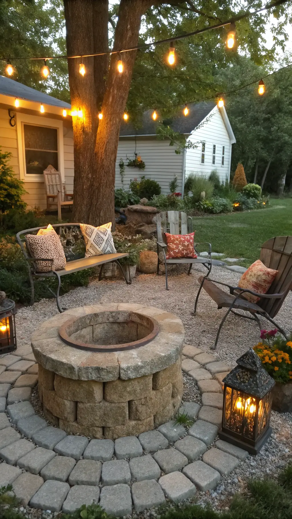 DIY paver firepit with stone cap surrounded by vintage chairs, rustic benches, kilim pillows, wildflowers, and string lights