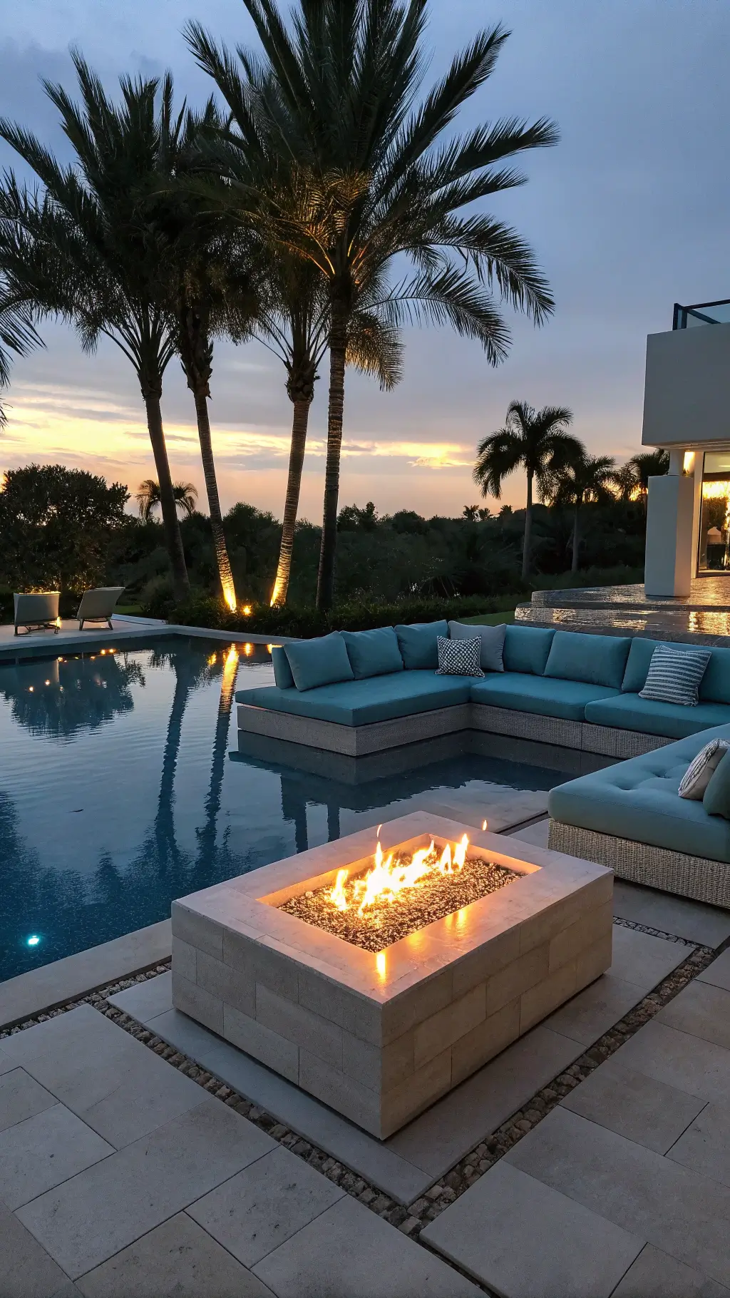 Poolside firepit lounge with modern teak sectional, coastal fabric, LED lighting, and palm trees at twilight