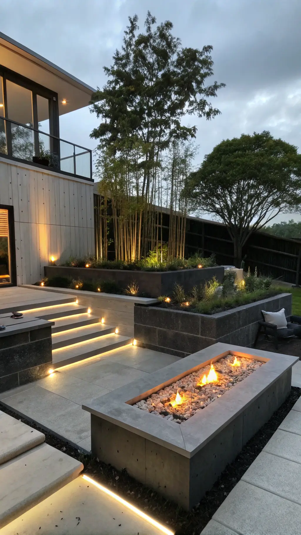 Modern concrete firepit with linear LED-lit steps, low seating, geometric planters, and bamboo privacy screen at dusk
