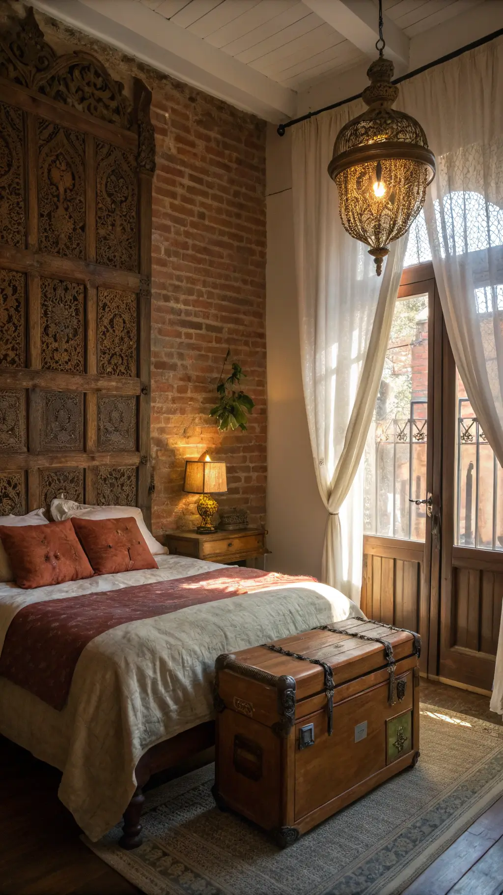 Cozy bedroom featuring exposed brick accent wall, ornate wooden headboard, velvet and block-printed cotton bedding, Moroccan pendant lamp, vintage trunk nightstand, and lucite chair bathed in golden hour light.