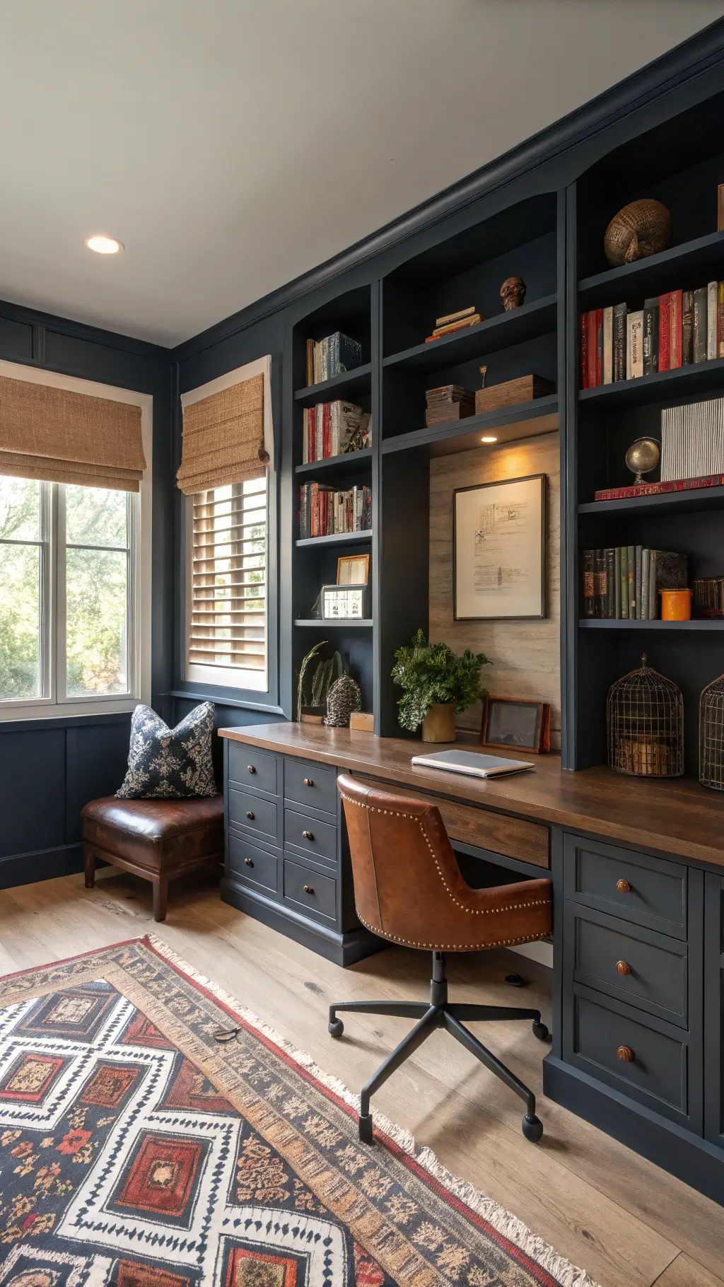 Compact home office with navy built-in shelves, sunlight streaming through shutters, wooden desk, leather chair, styled bookshelves, tribal rug, Turkish pillows on sisal flooring.