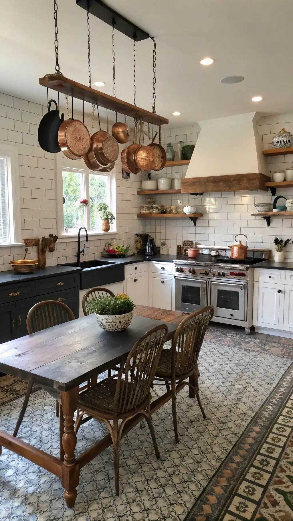 Open kitchen with white subway tile backsplash, black soapstone counters, hanging copper pots, vintage farmhouse table with mismatched chairs, Moroccan tiled floor, and ceramic bowls on open shelves.