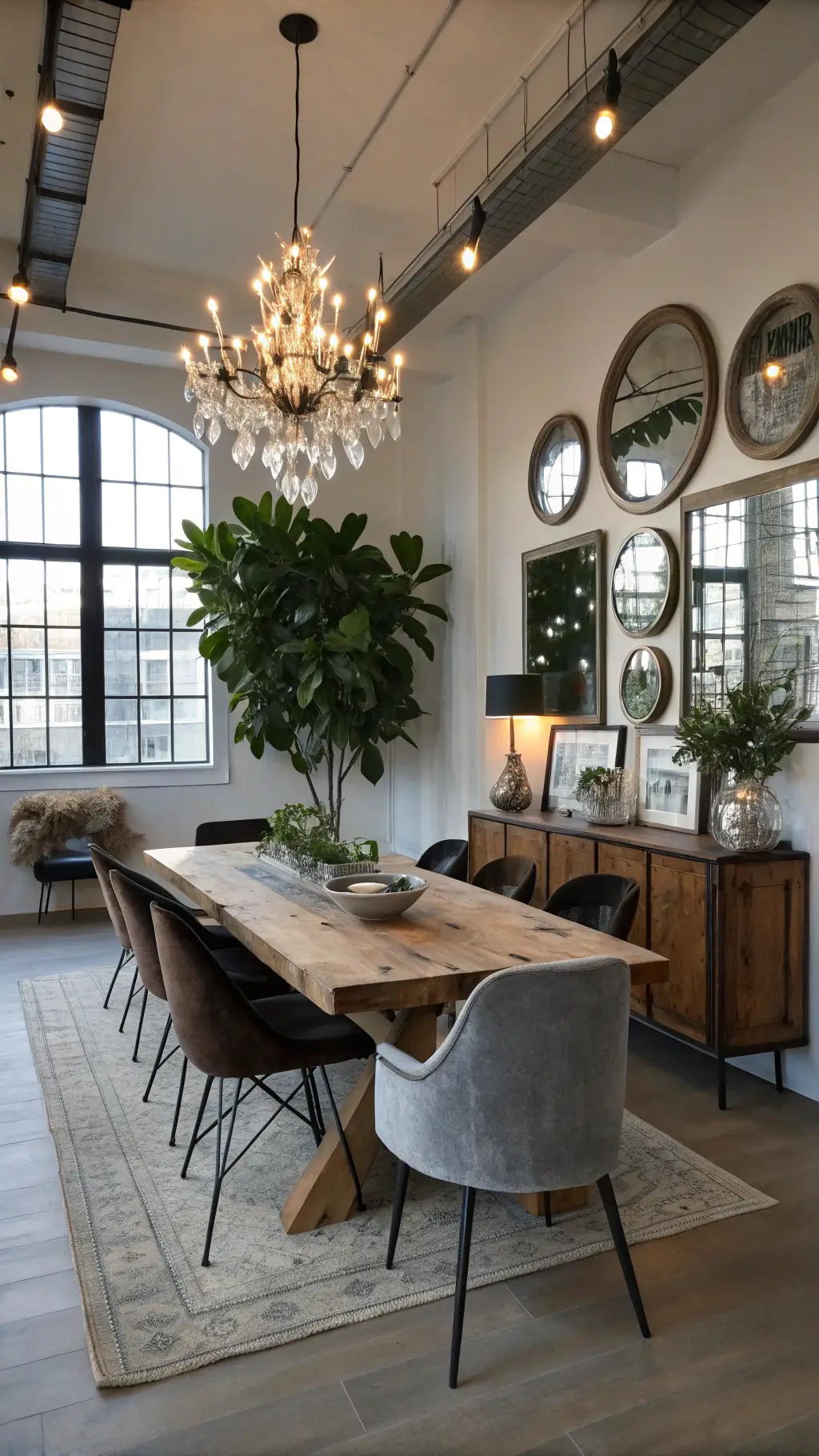 Modern dining area with industrial windows, reclaimed wood table, ghost chairs, velvet host seats, Sputnik chandelier, vintage mirrors, fiddle leaf fig plants, sideboard with global artifacts, and dramatic lighting.