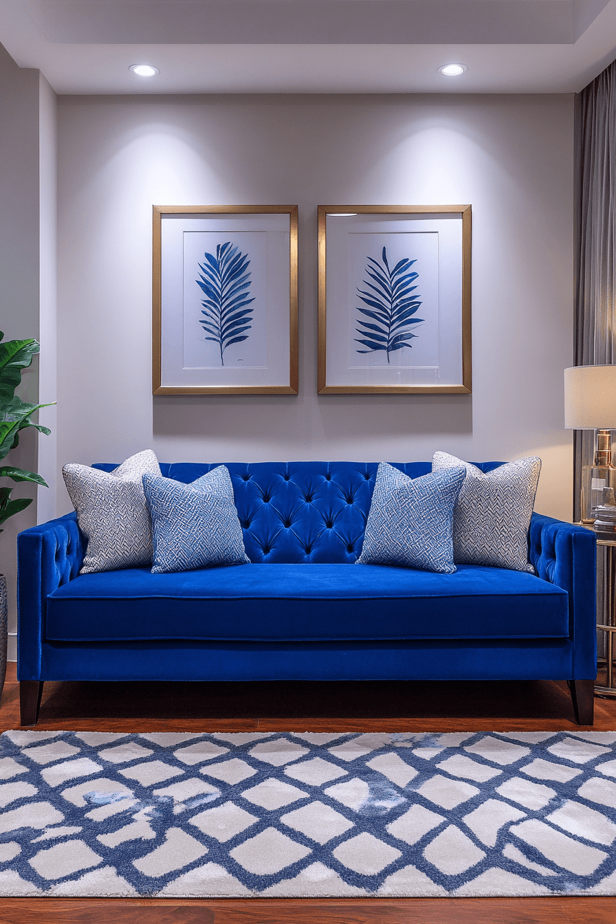 Contemporary blue sofa with metallic accents