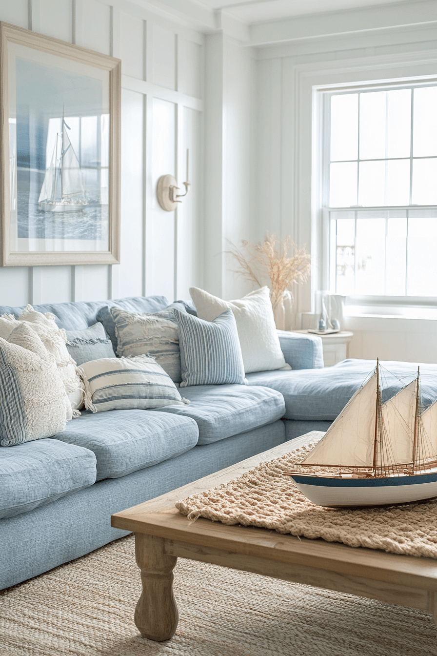Nautical blue sofa with coastal decor