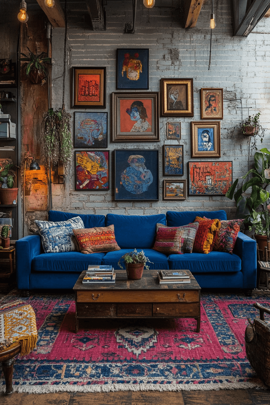 Eclectic living room with blue sofa