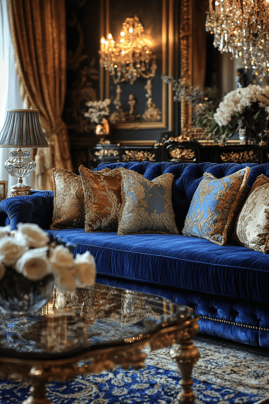 Blue velvet sofa with metallic accents