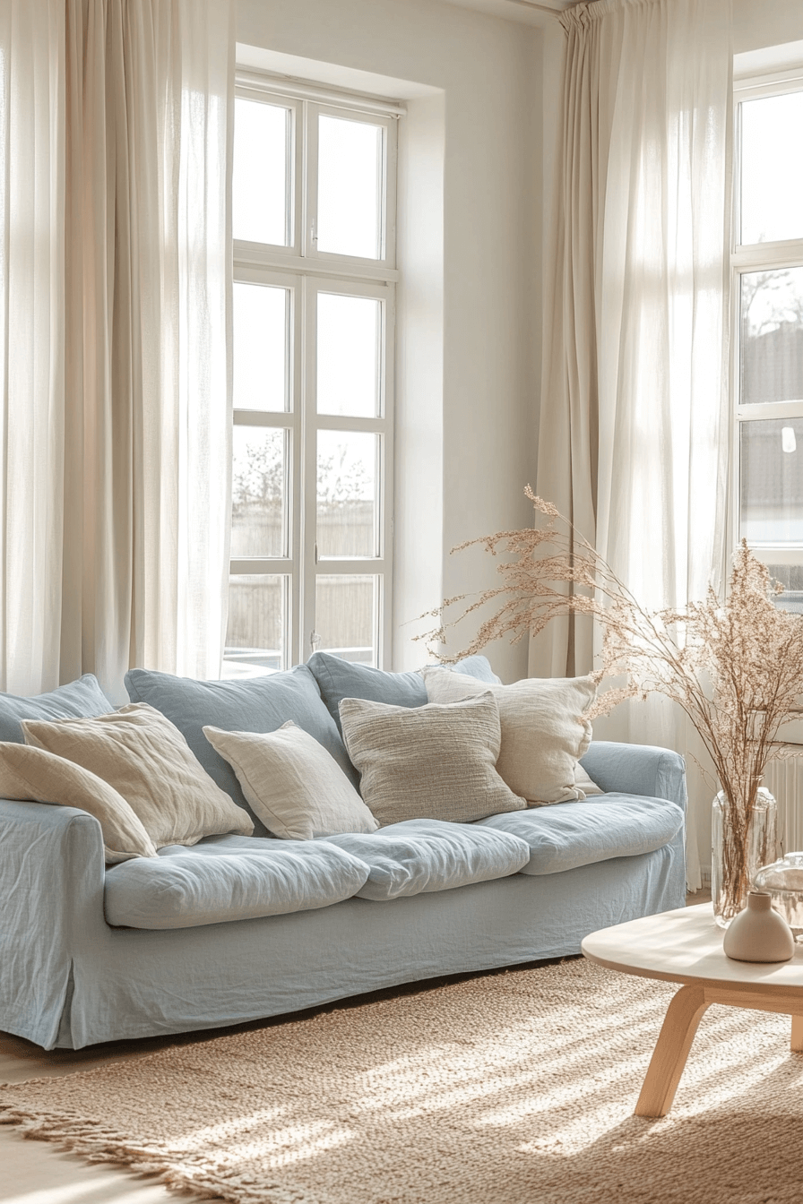 Light blue sofa in airy living room