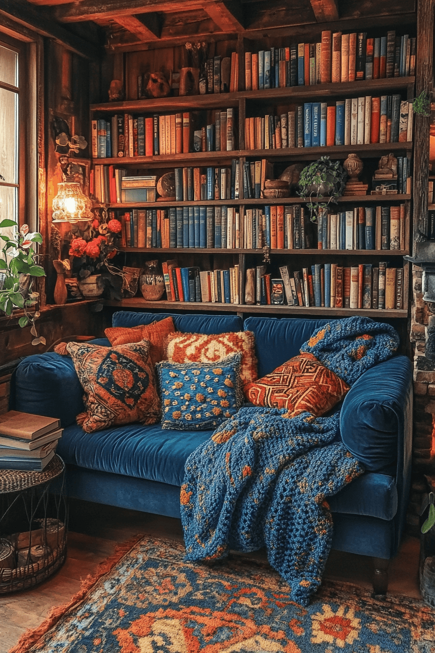 Cozy living room with deep blue sofa