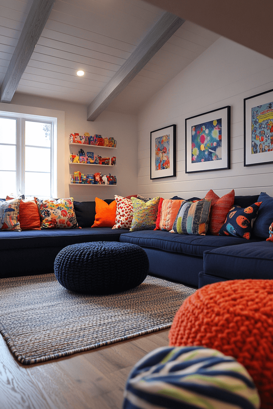 Navy blue sofa in family room