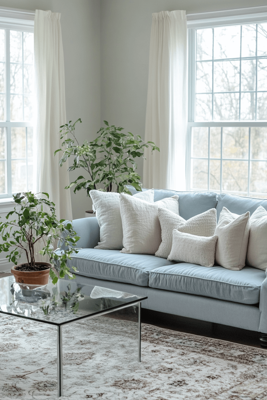 Soft blue sofa in tranquil living room