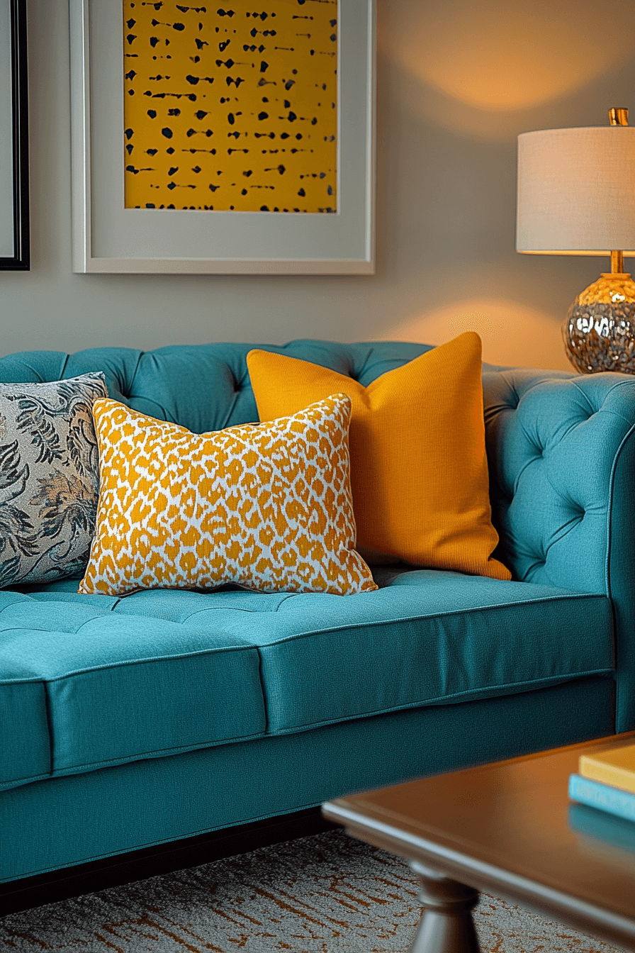 Blue sofa with yellow accents