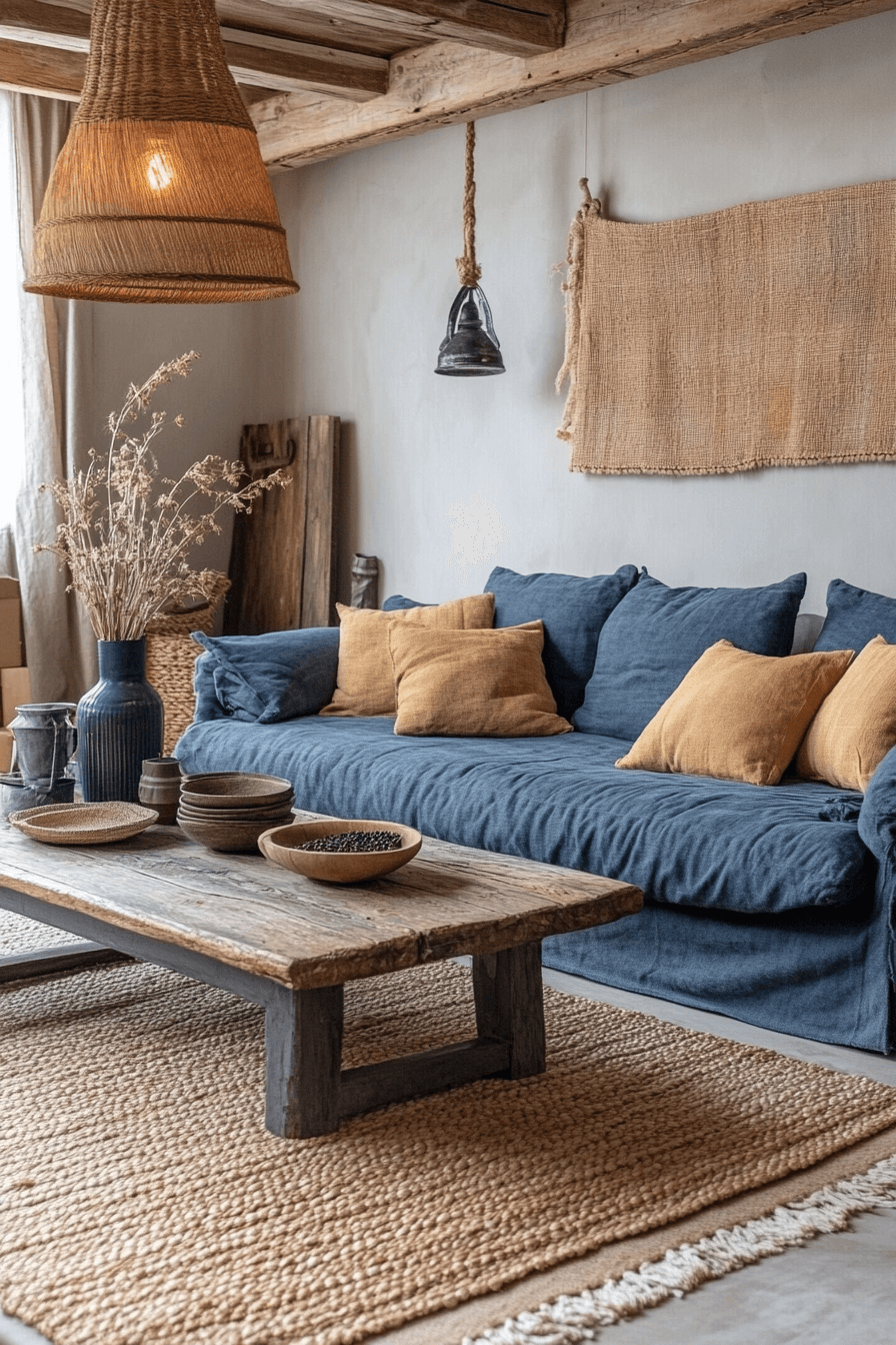 Rustic living room with blue sofa
