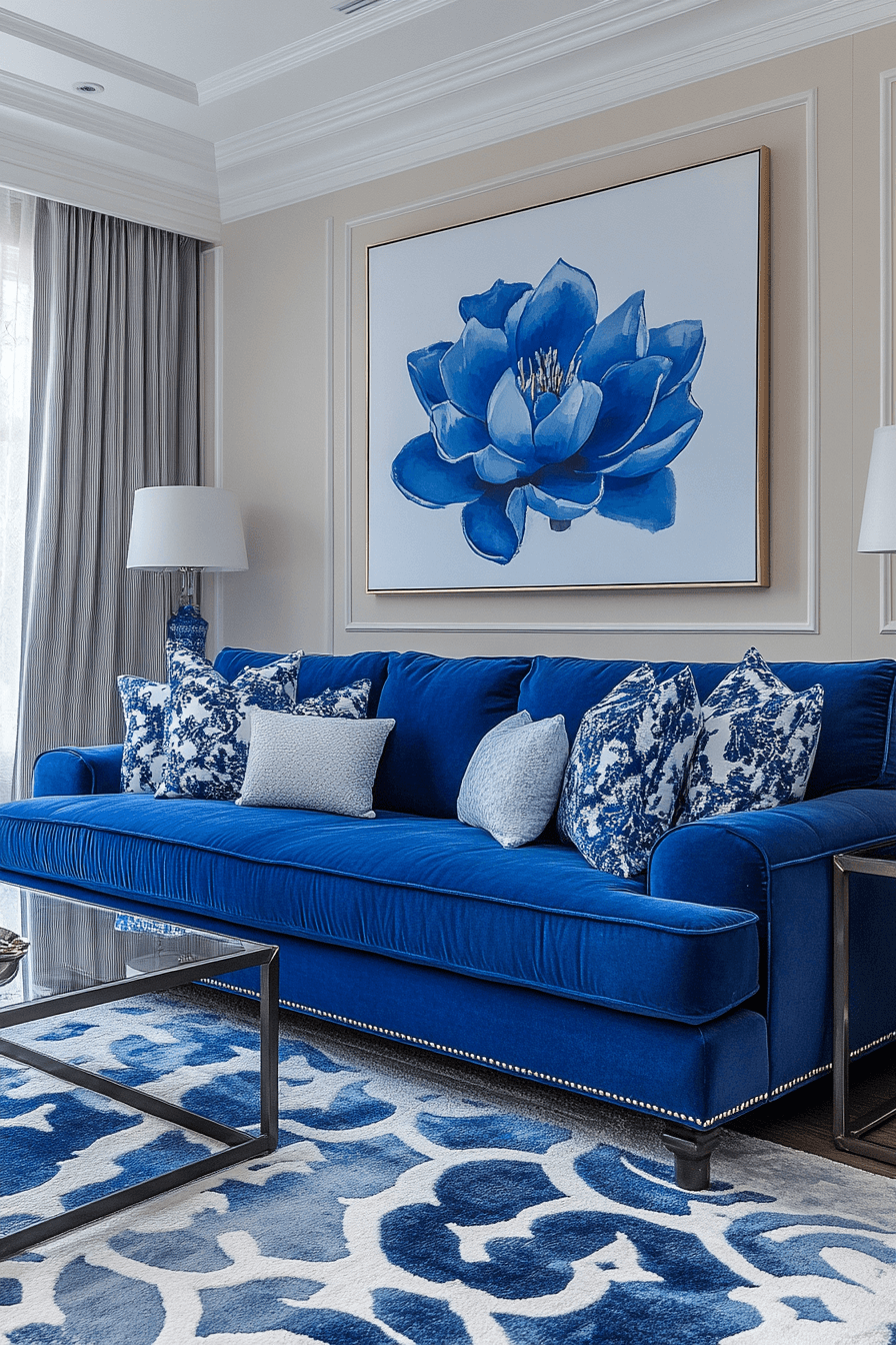 Glamorous blue velvet sofa