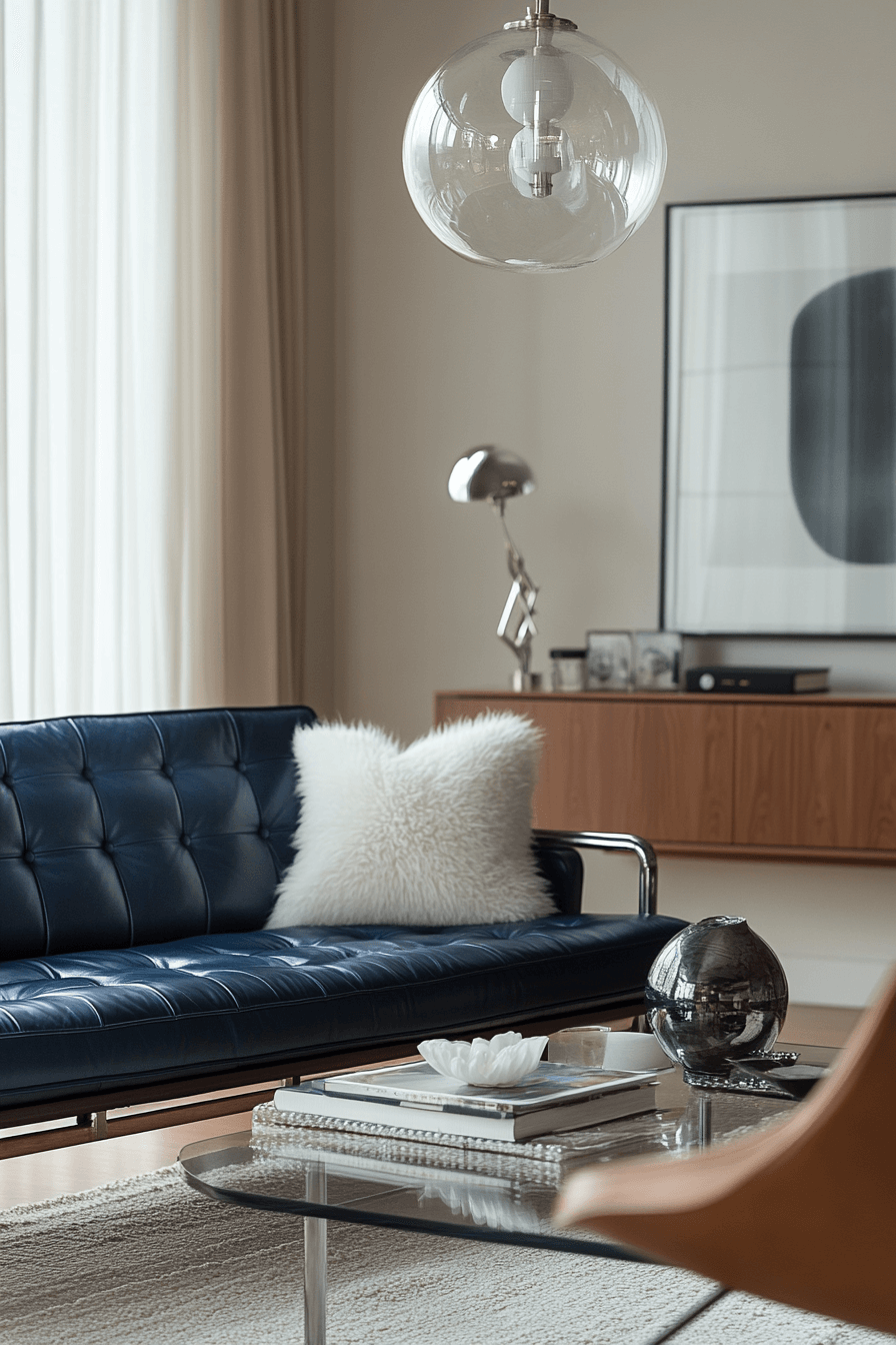 Blue leather sofa in modern living room