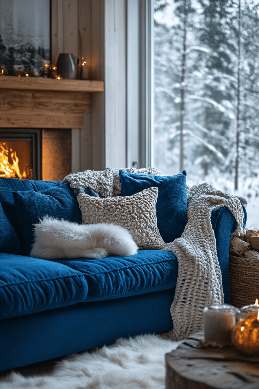 Cozy winter blue sofa living room
