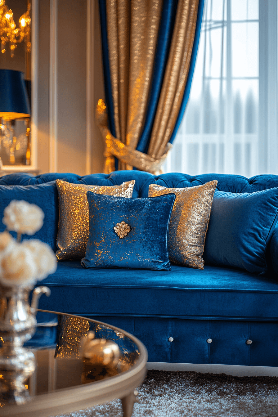 Blue sofa with metallic accents