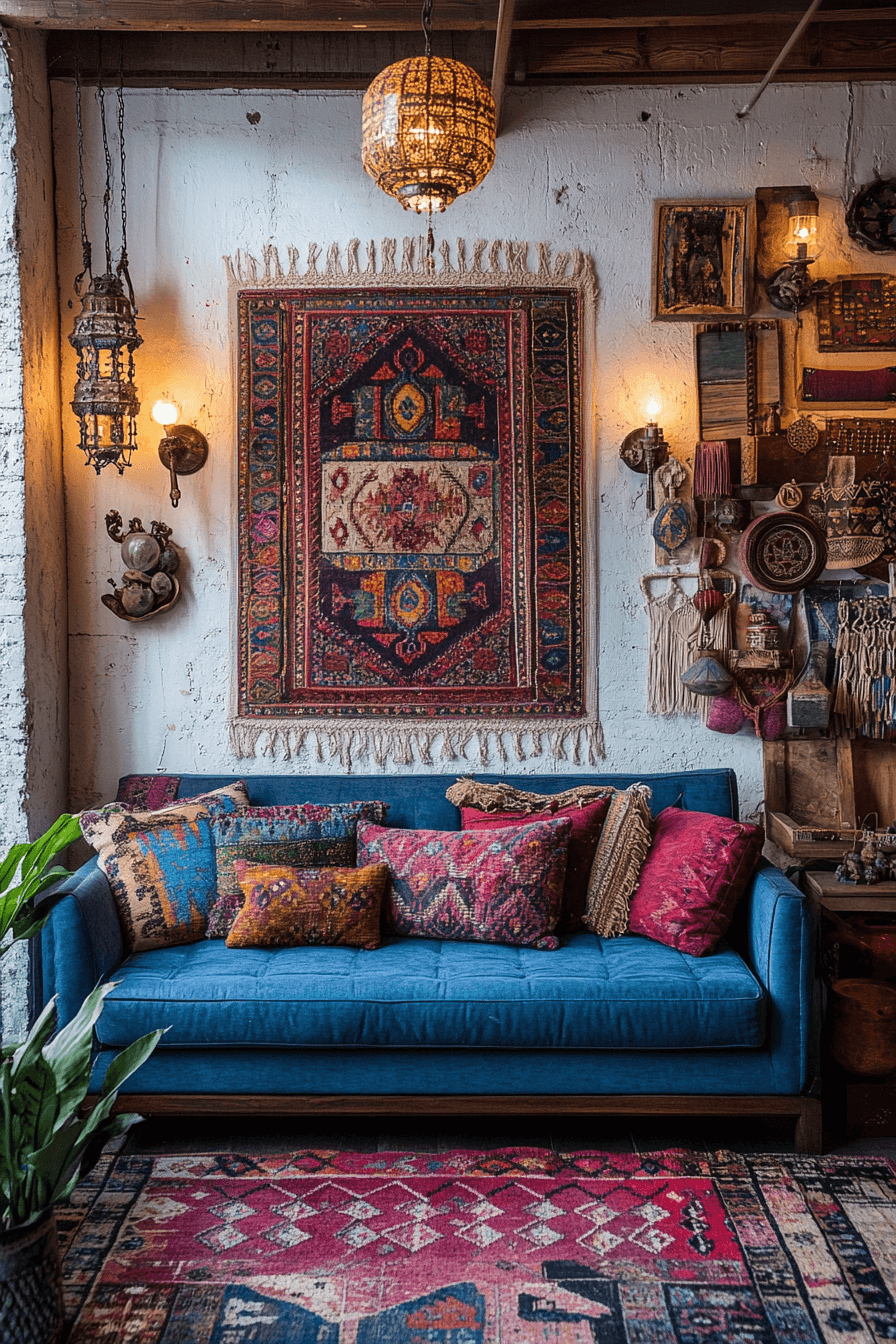 Boho style blue sofa living room