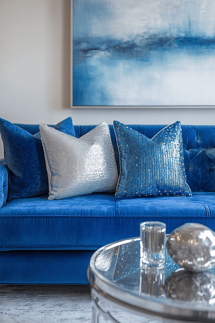 Blue sofa with silver accents