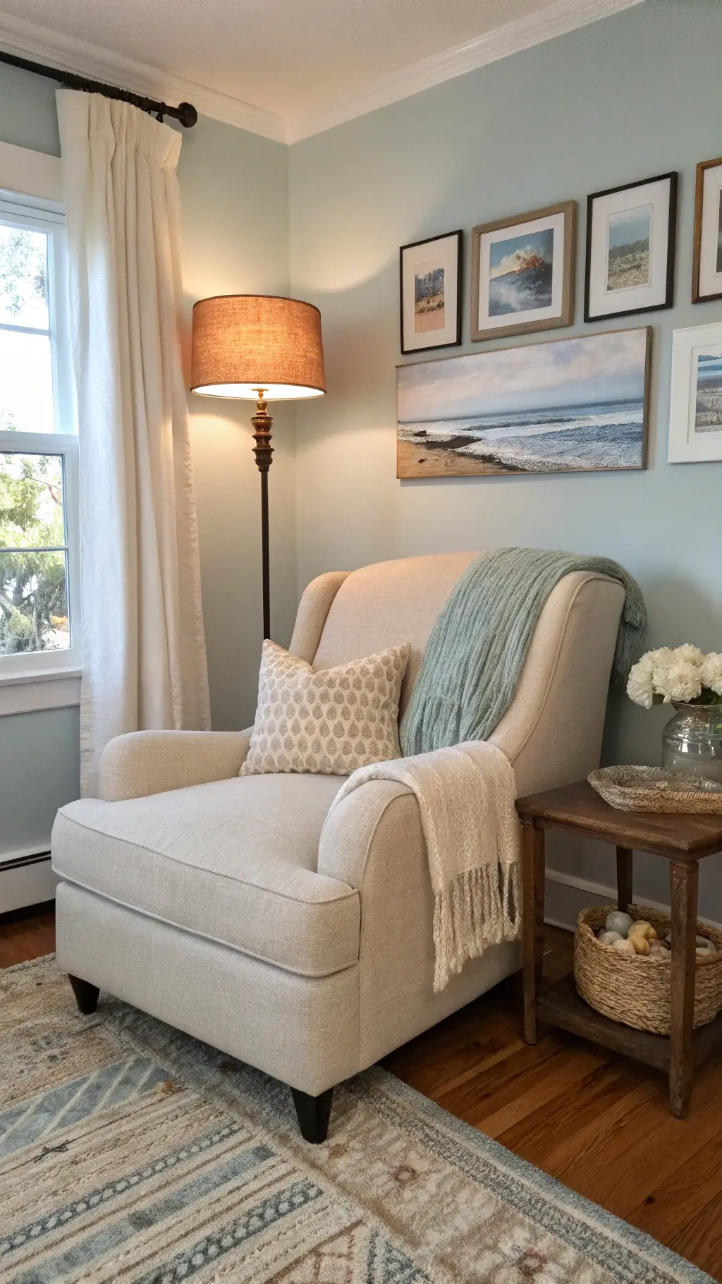 Inviting reading nook with sand-colored linen armchair, distressed wood floor lamp, side table adorned with a curated shell collection, coastal photography gallery wall, and soft blue and neutral tones bathed in warm afternoon light.