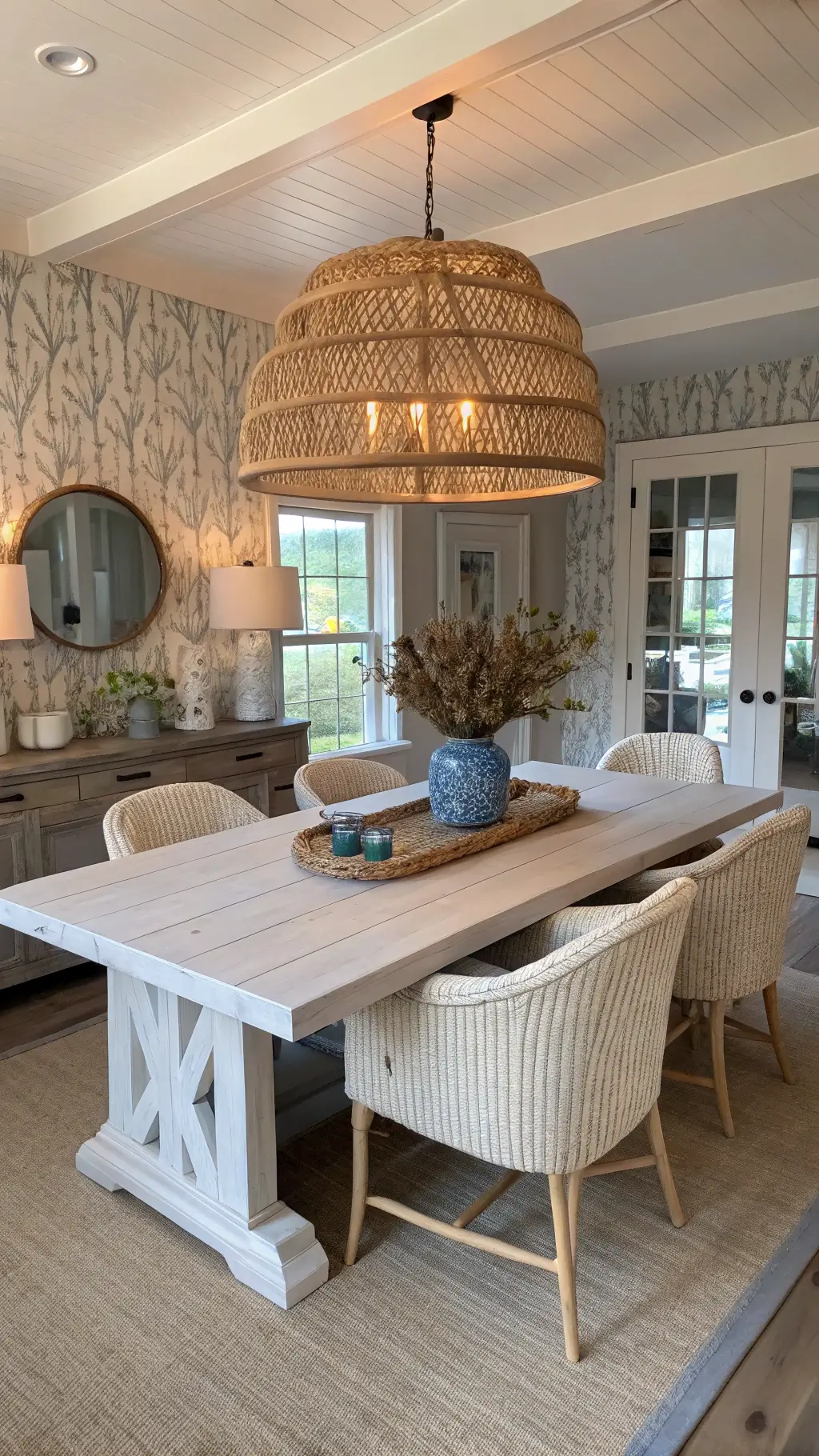 Dining area featuring a whitewashed farmhouse table, natural linen chairs, blue-tinted glassware, and a driftwood centerpiece illuminated by warm golden hour light.