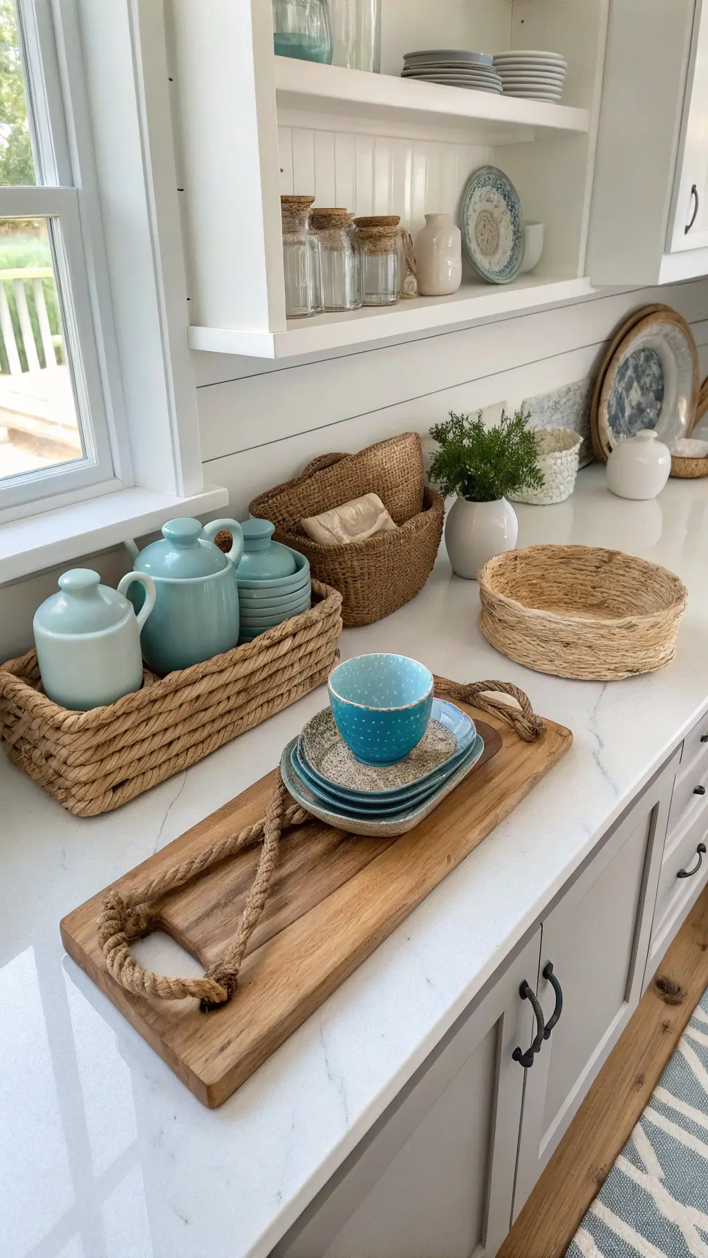 Overhead view of a stylish kitchen with white quartz countertops, driftwood serving board, ocean blue ceramic vessels, rope-handled baskets, and artisan pottery on open shelving.