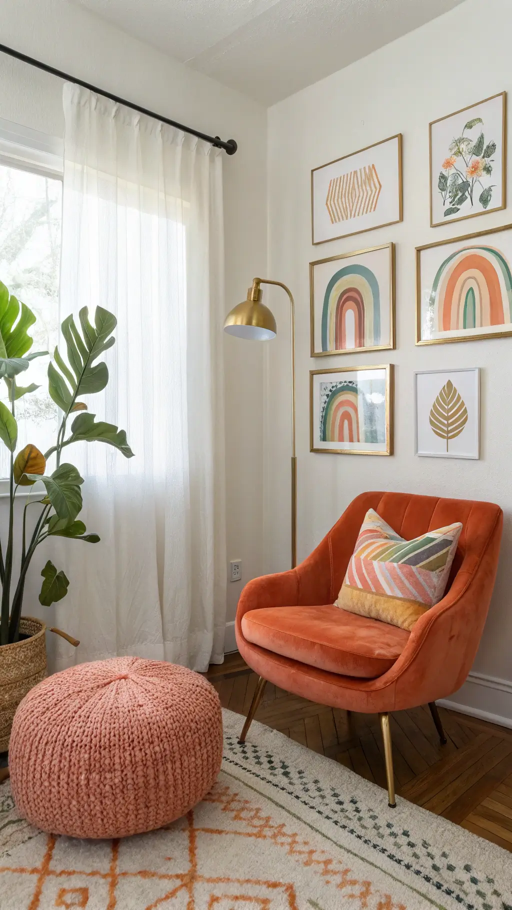 Cozy bedroom corner with morning light filtering through white curtains, burnt orange velvet chair, brass floor lamp, abstract art gallery wall, rainbow pouf, fiddle leaf fig plant, and mint and coral wallpaper.