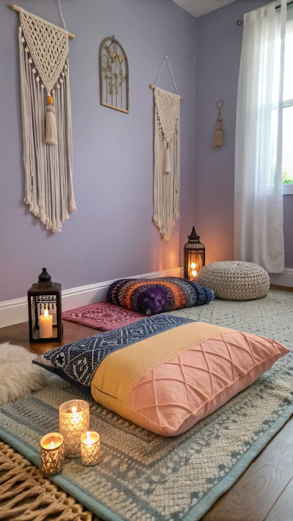 Meditation corner in serene bedroom with lavender walls, floor cushions, indigo, marigold and blush macramé wall hangings, crystal clusters, and copper lanterns at sunrise.