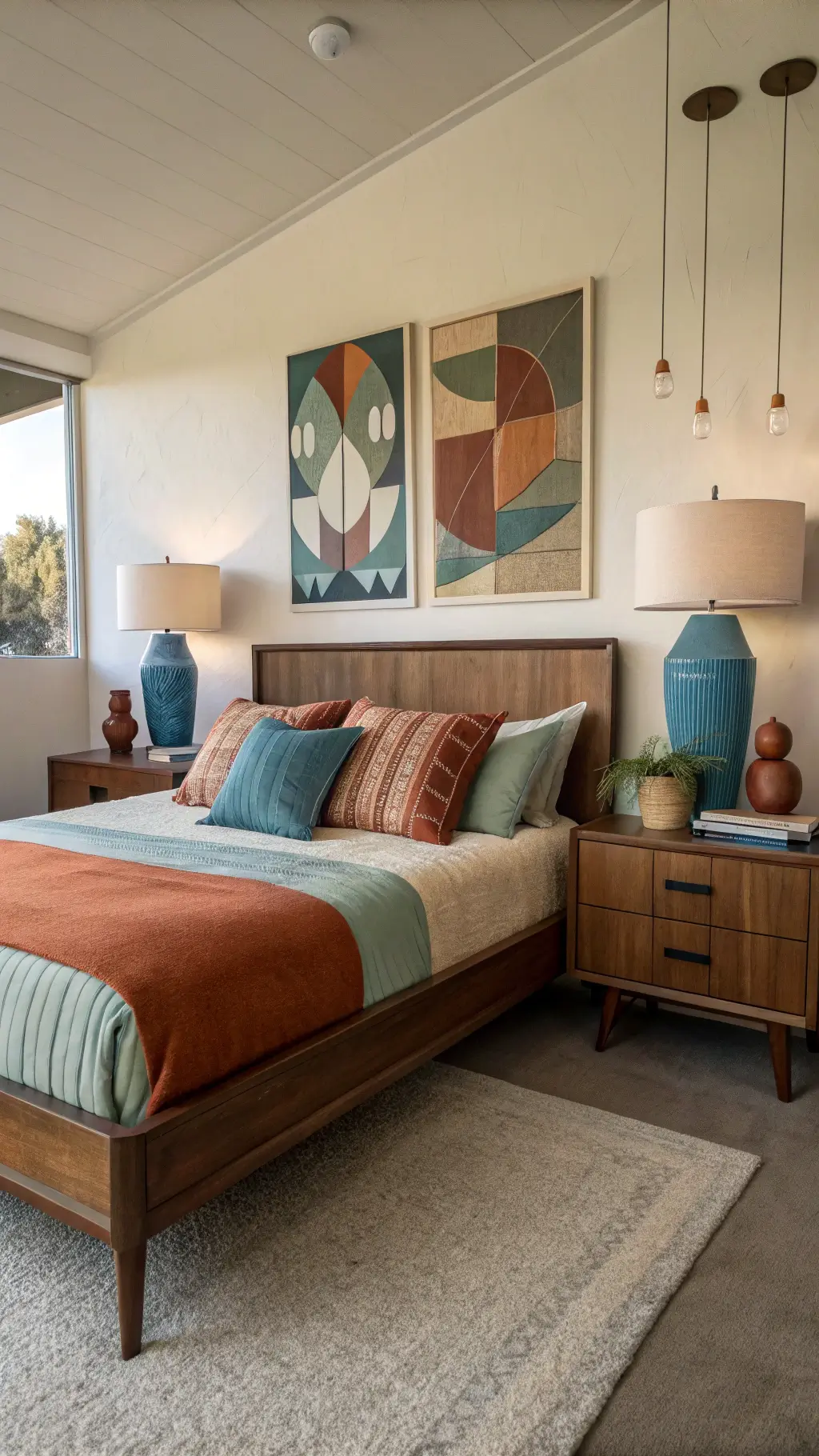 Mid-century modern bedroom with low-profile platform bed, cobalt blue ceramic lamps, and vintage walnut nightstands bathed in afternoon light.