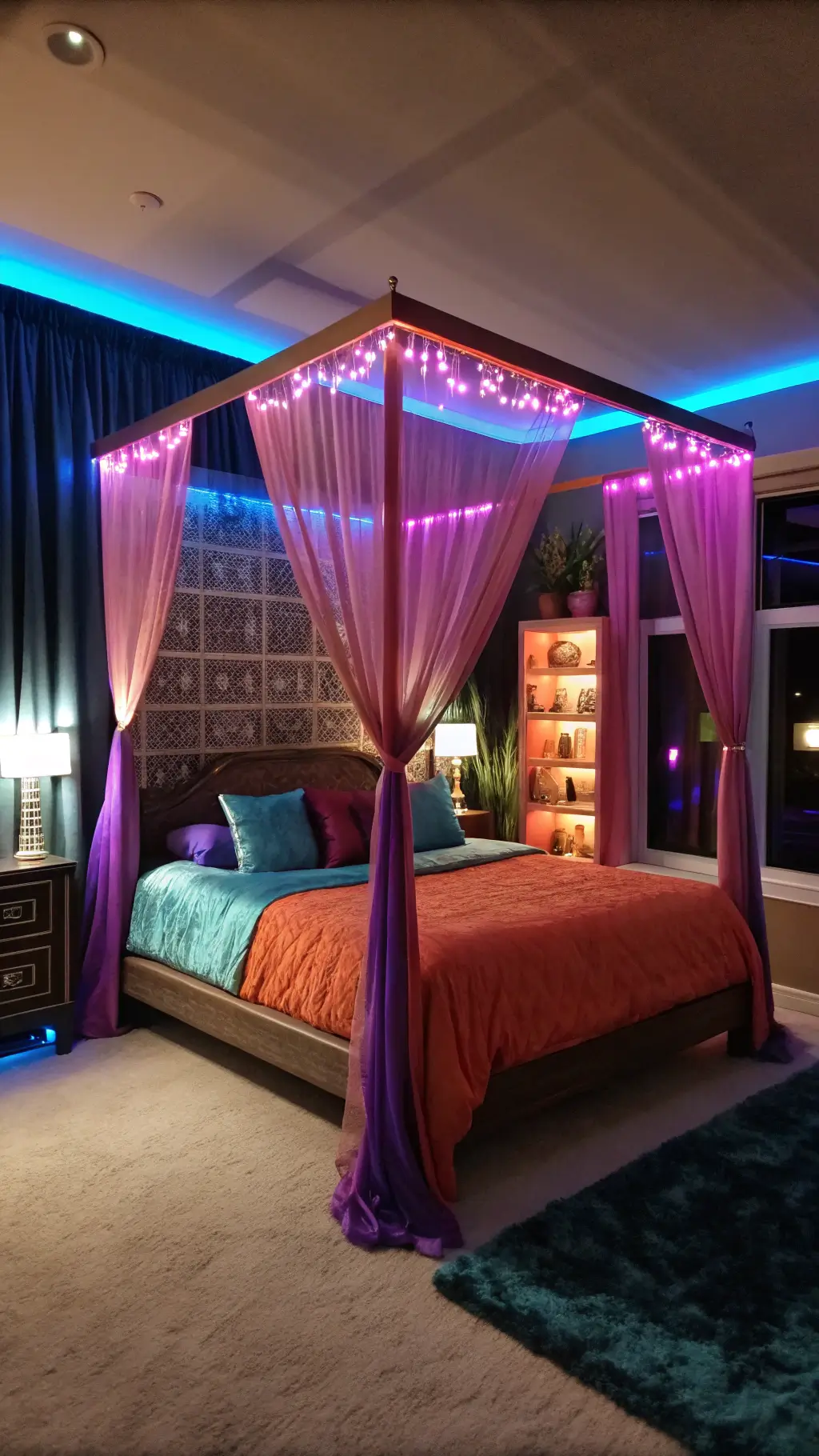 Dramatic nighttime bedroom with canopy bed draped in ombré silk, illuminated floating shelves displaying colorful glass art, metallic wallpaper, and peacock blue velvet curtains framing floor-to-ceiling windows.