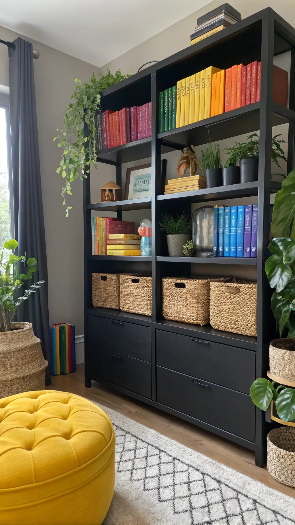 Eclectic bedroom storage with color-coordinated books, vibrant pottery, trailing plants on matte black open shelving, mustard yellow ottoman, and rainbow vintage glass collection.