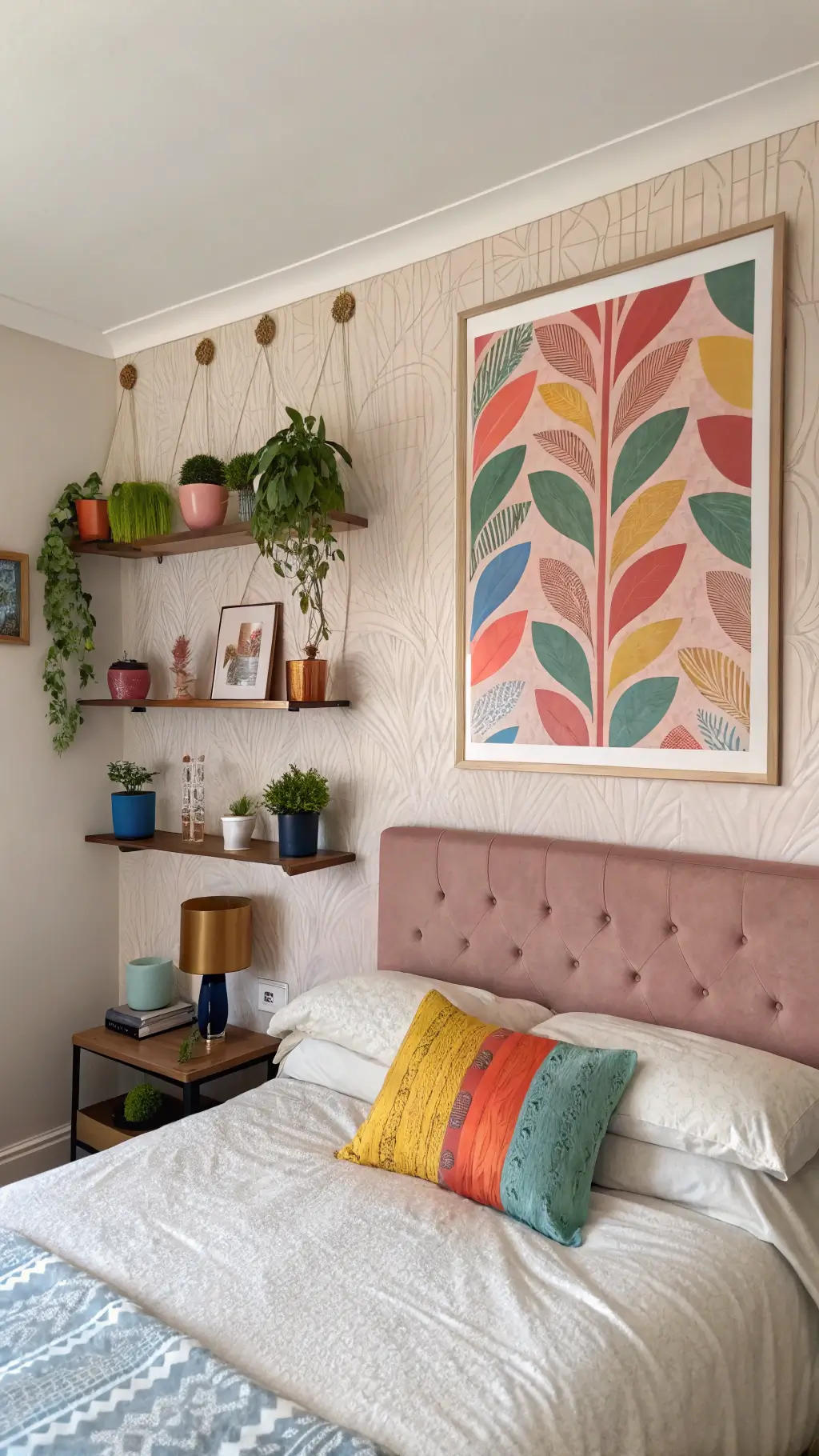 Abstract art and copper shelves on a blush bedroom wall illuminated by afternoon light.
