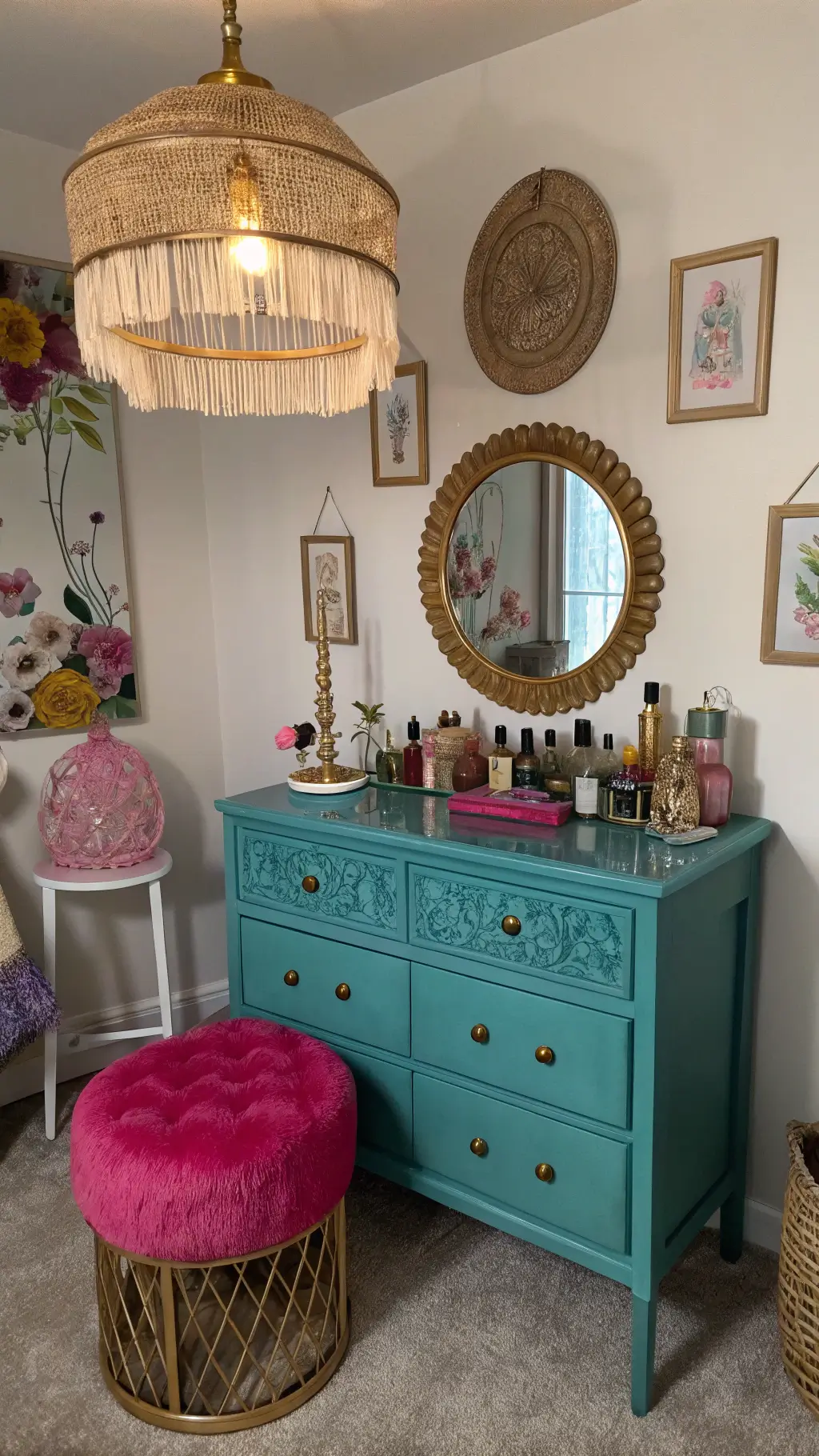 Bohemian bedroom vanity at twilight featuring teal vintage dresser, colored glass perfume bottles, brass mirrors, rattan pendant light, fuchsia velvet stool, and pressed flower artwork.