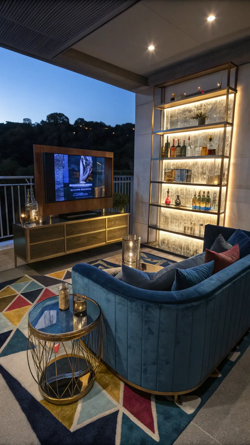 Moody luxe bedroom with sapphire velvet sofa, mounted TV, backlit shelves, brass and glass bar cart, colorful drinkware on abstract jewel-toned rug at dusk.