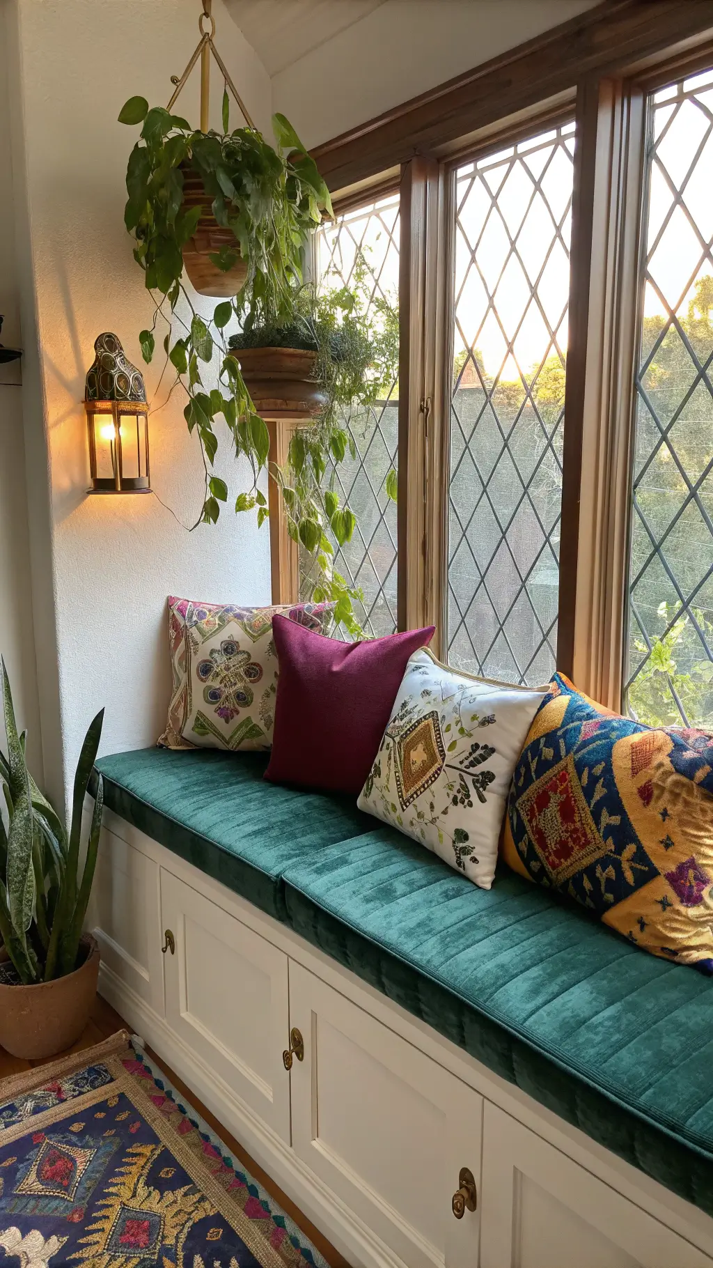 Cozy window seat with emerald velvet cushions, multicolored global-print pillows, hanging plants, and brass reading sconce during golden hour.