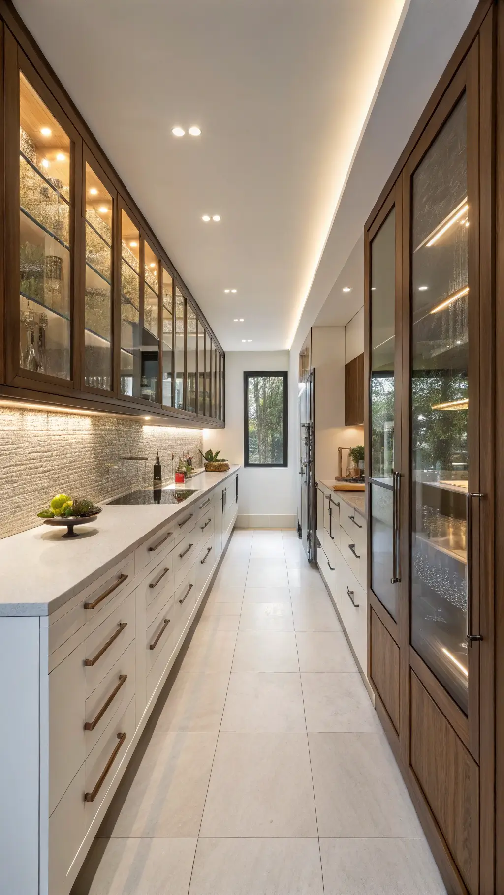 Spacious kitchen with glass cabinets