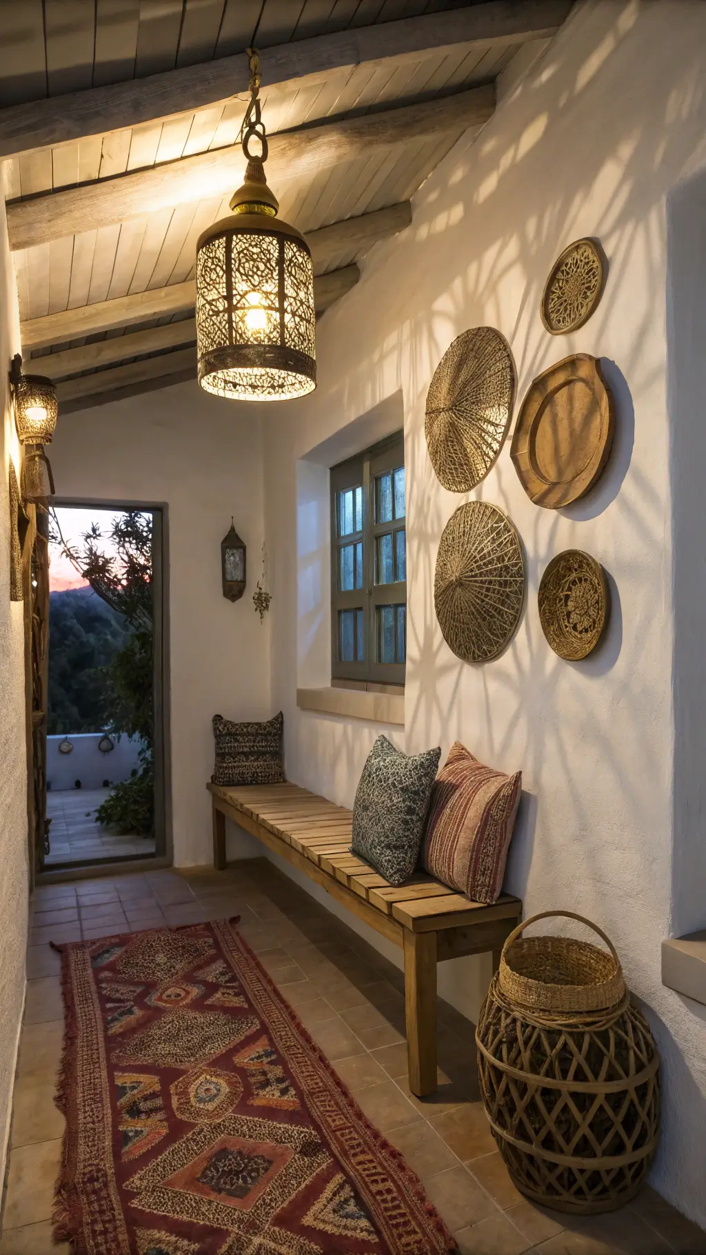 bohemian entryway at dusk with moroccan brass lamp casting shadow patterns vintage kilim runner reclaimed wooden bench handwoven cushions woven baskets wall art