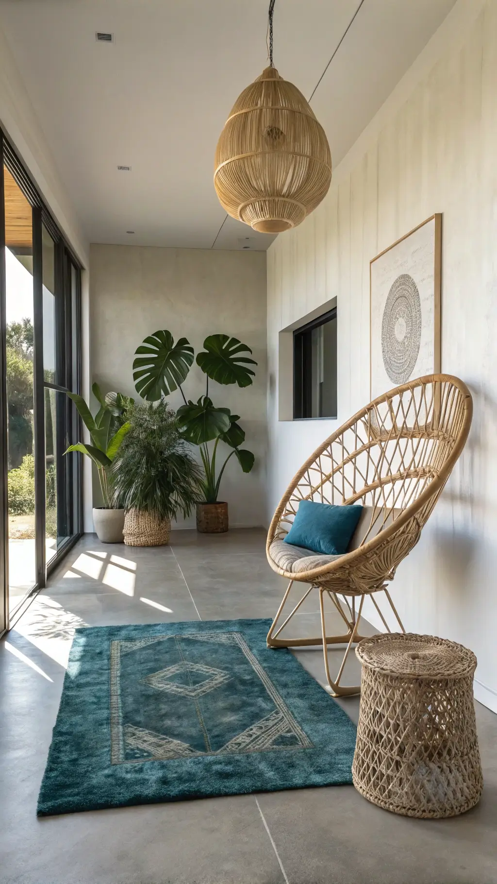 minimalist boho entrance hall concrete floor rattan peacock chair large monstera plant fiber pendant light teal overdyed rug