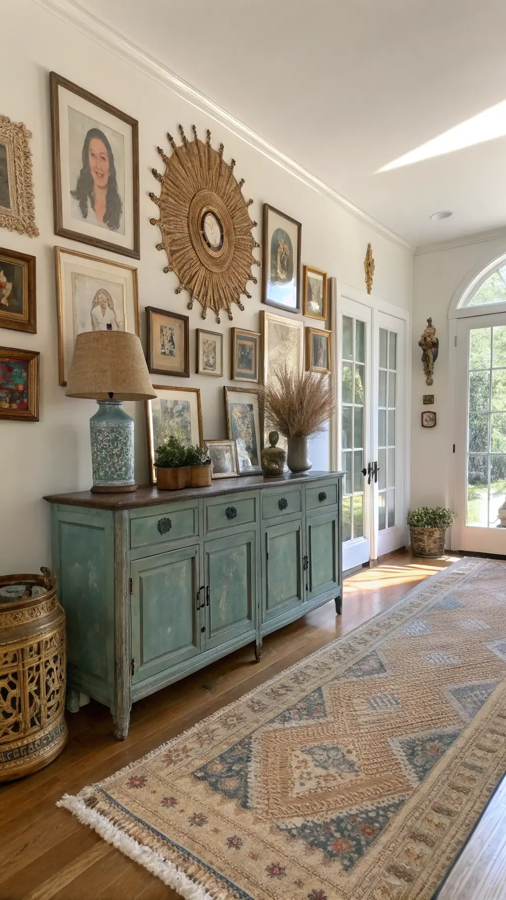 bohemian foyer bathed in morning light gallery wall vintage portraits tapestries sunburst mirrors antique chinese console ceramic vessels natural sisal beni ourain rugs