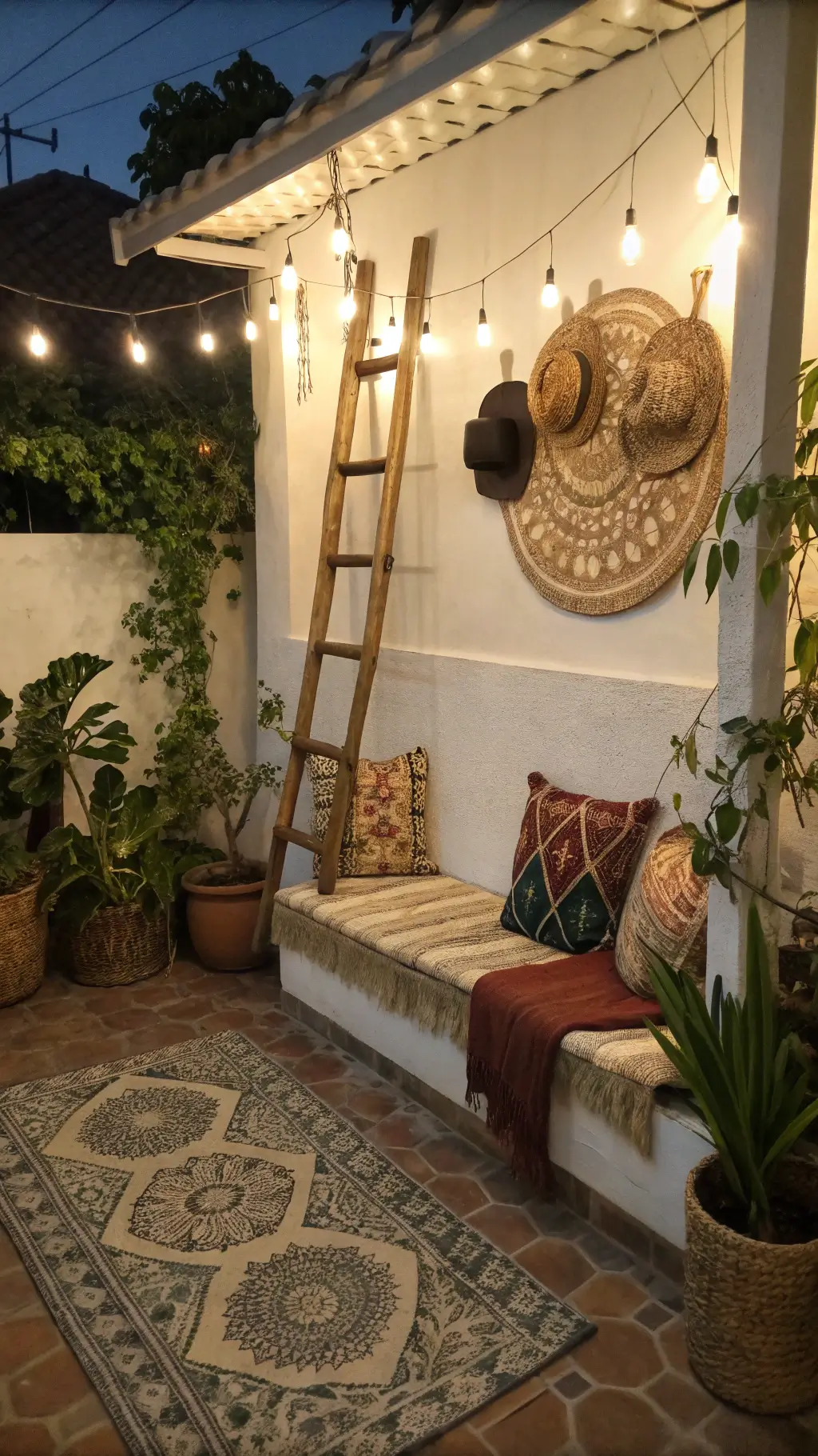 boho entryway nook illuminated by string lights macramé plant hangers vintage bamboo ladder earth-toned textiles moroccan tiles floating bench mudcloth cushions carved wooden hooks hanging straw hats