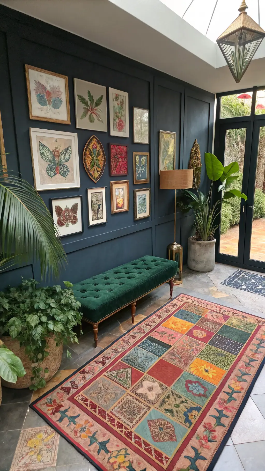 vibrant bohemian entrance patchwork painted tiles layered Kurdish Indian rugs green velvet bench brass umbrella stand tropical plants wall collection framed butterfly specimens botanical prints