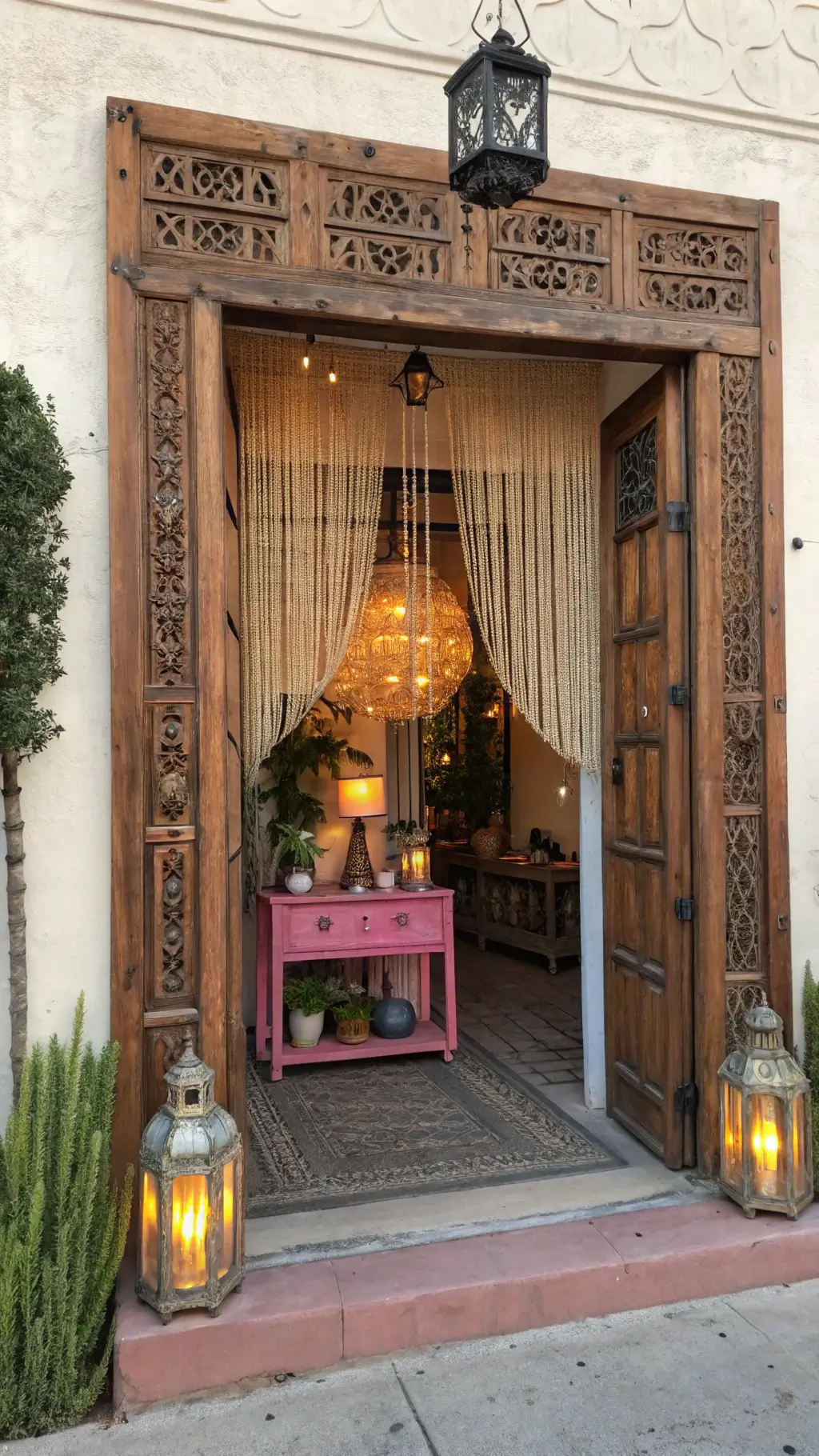 boho-style entryway sunset beaded curtains mixed metal lanterns distressed pink console table global artifacts carved wooden door frame