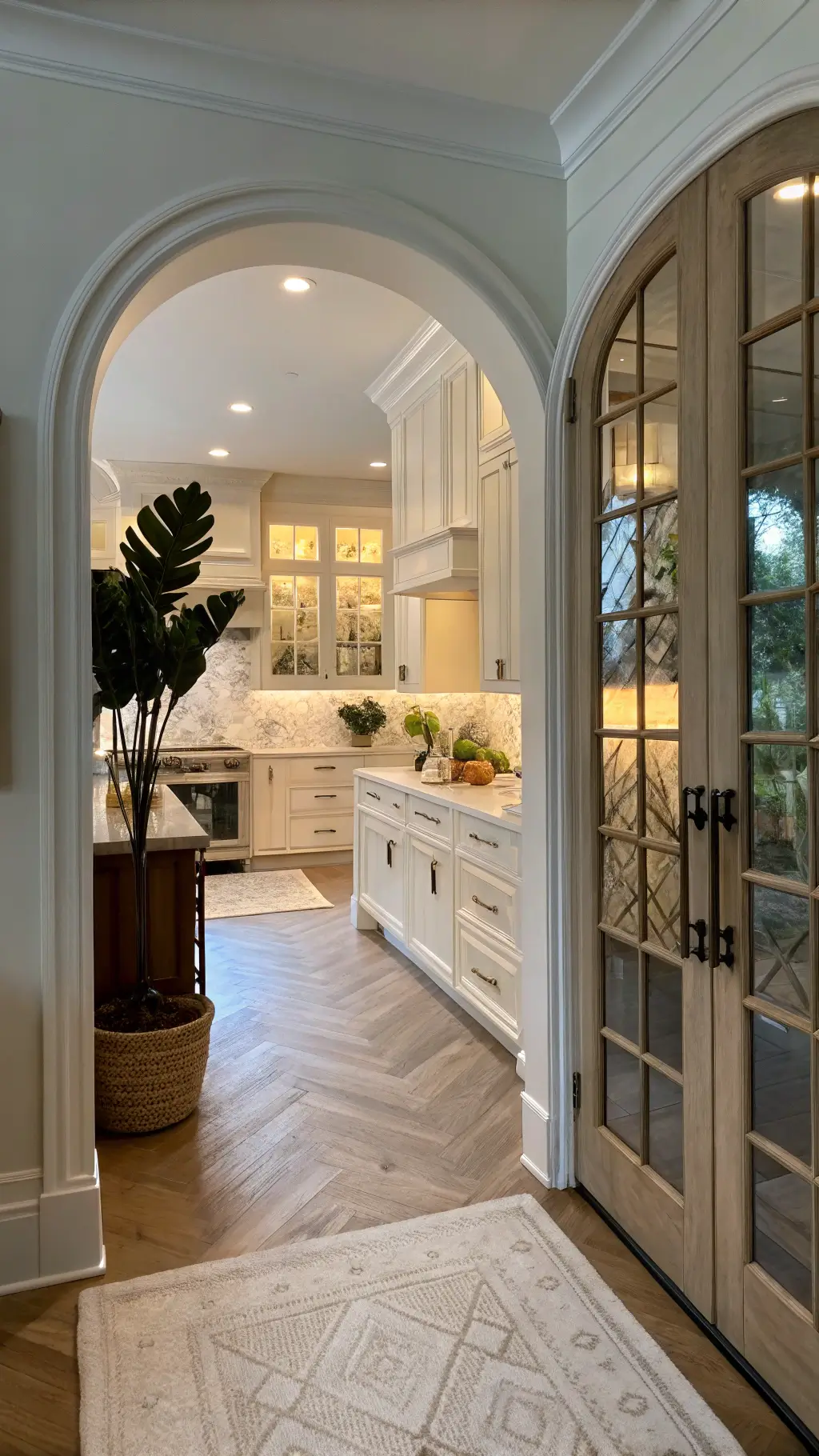 Greige kitchen cabinets with metal hardware