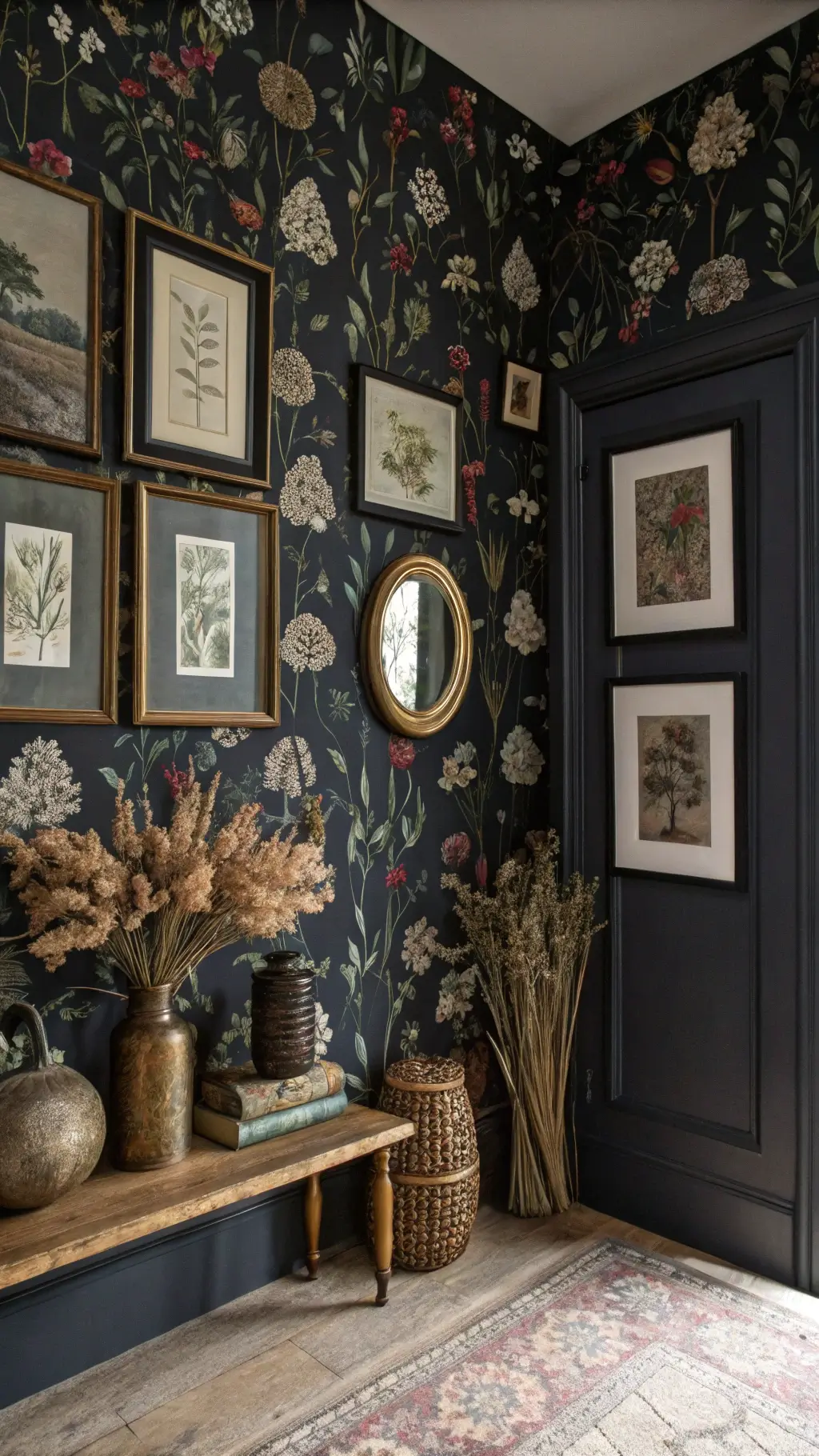 A dramatic wall display featuring dark floral Morris & Co wallpaper, aged brass mirrors, botanical prints, and bundles of dried herbs.