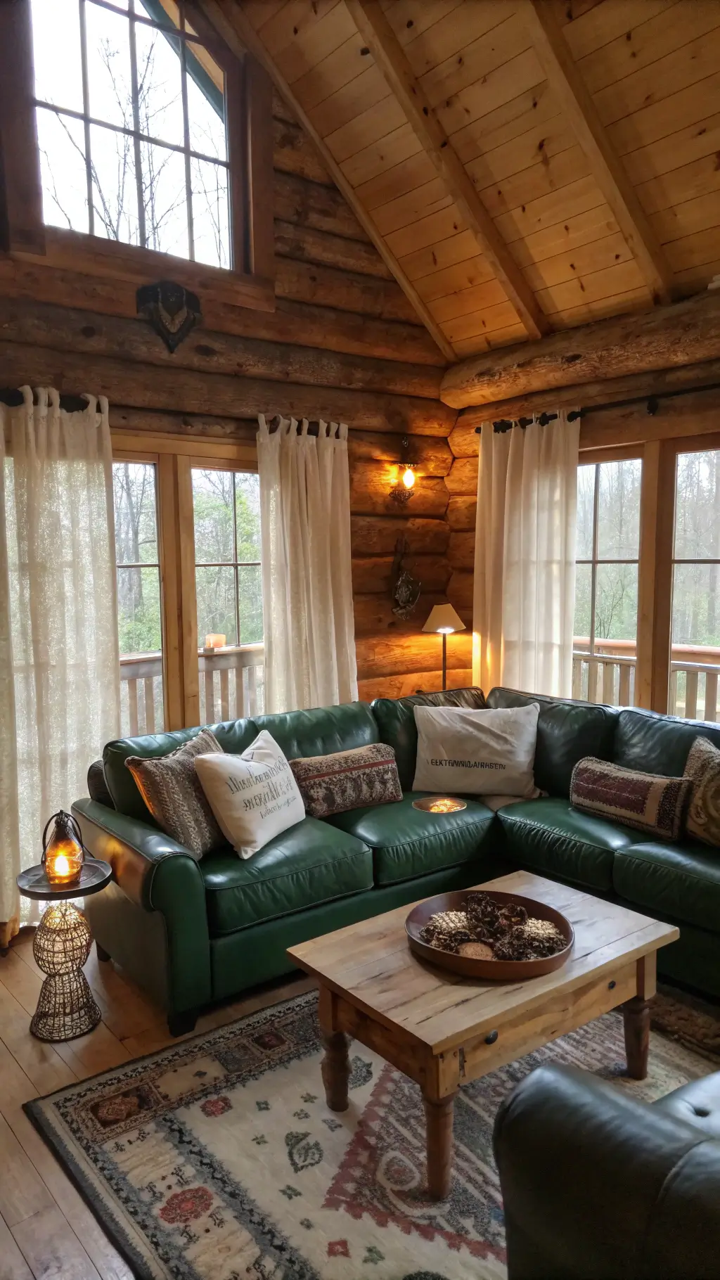 Close-up of rustic wood textures in cabin living room